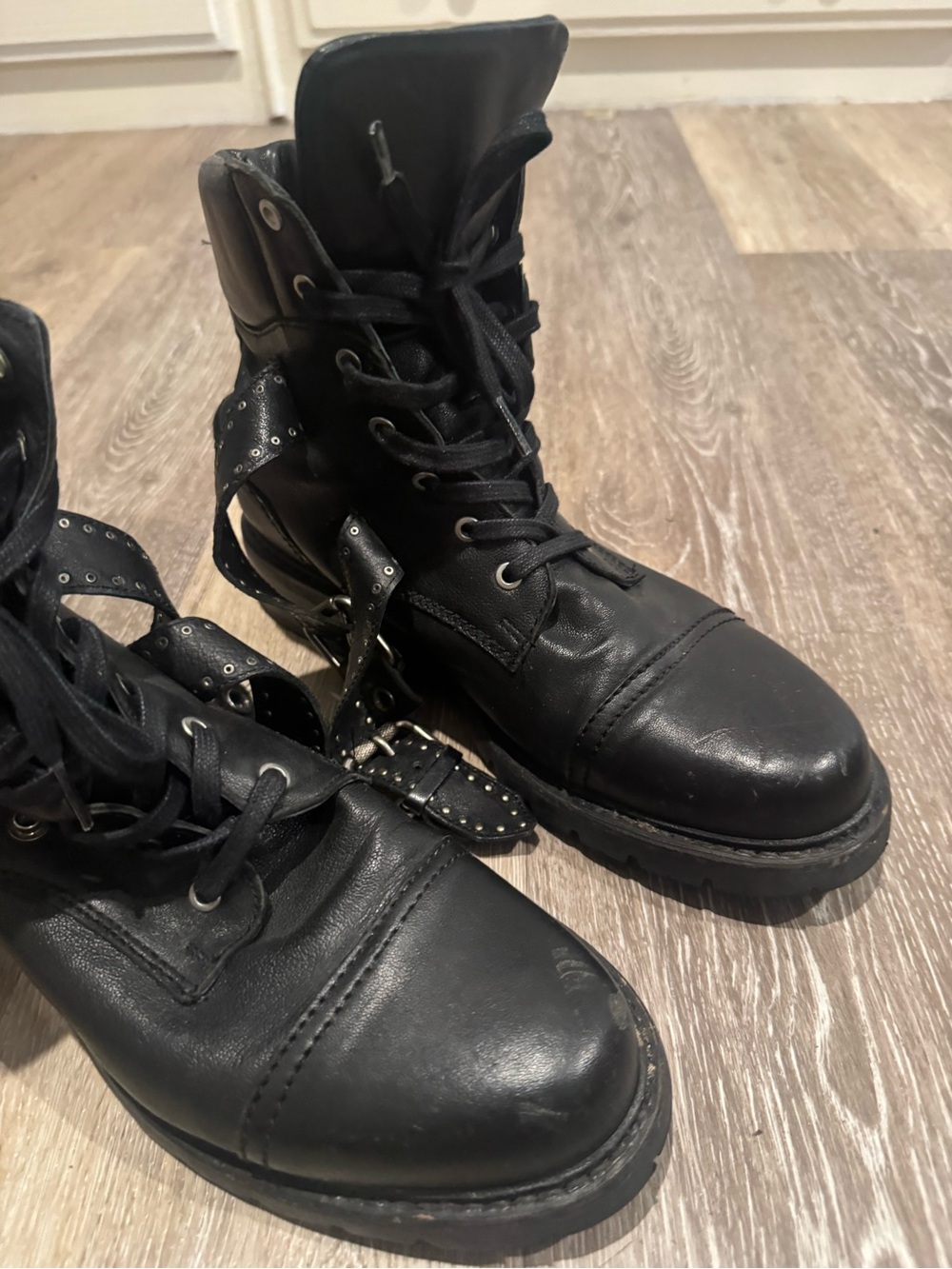 Frye Samantha Black Studded Buckle Leather Hiking Boots - Picture 2 of 9